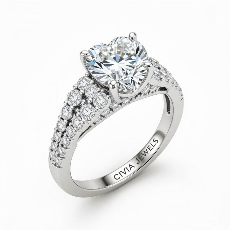 Silver Heart Cut Solitaire Engagement Ring With Pavé Diamond Band And Classic Four-Prong Setting