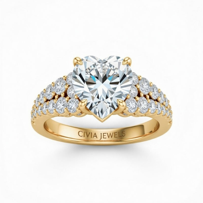Yellow Gold Heart Cut Solitaire Engagement Ring With Pavé Diamond Band And Classic Four-Prong Setting