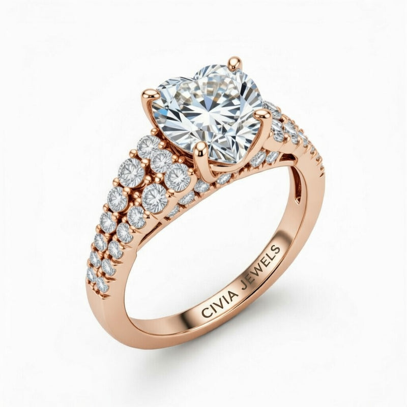 Rose Gold Heart Cut Solitaire Engagement Ring With Pavé Diamond Band And Classic Four-Prong Setting