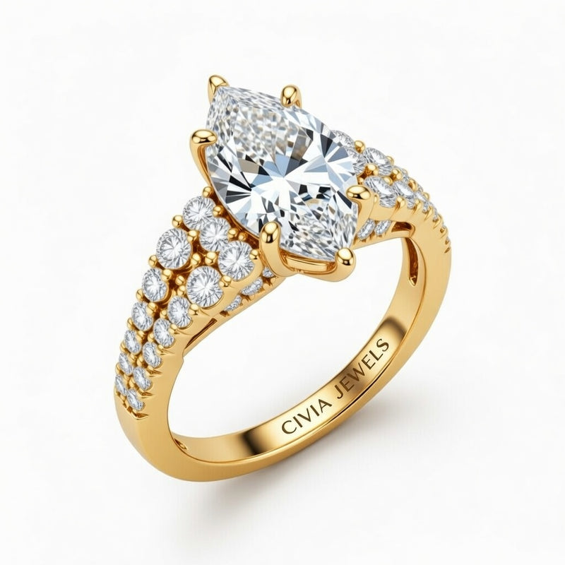 Yellow Gold Marquise Cut Solitaire Engagement Ring With Pavé Diamond Band And Classic Four-Prong Setting
