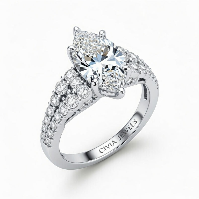 Silver Marquise Cut Solitaire Engagement Ring With Pavé Diamond Band And Classic Four-Prong Setting