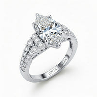 Silver Marquise Cut Solitaire Engagement Ring With Pavé Diamond Band And Classic Four-Prong Setting