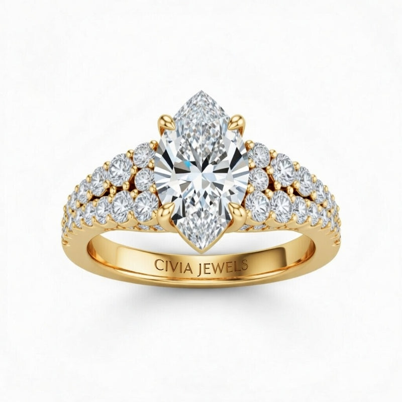 Yellow Gold Marquise Cut Solitaire Engagement Ring With Pavé Diamond Band And Classic Four-Prong Setting