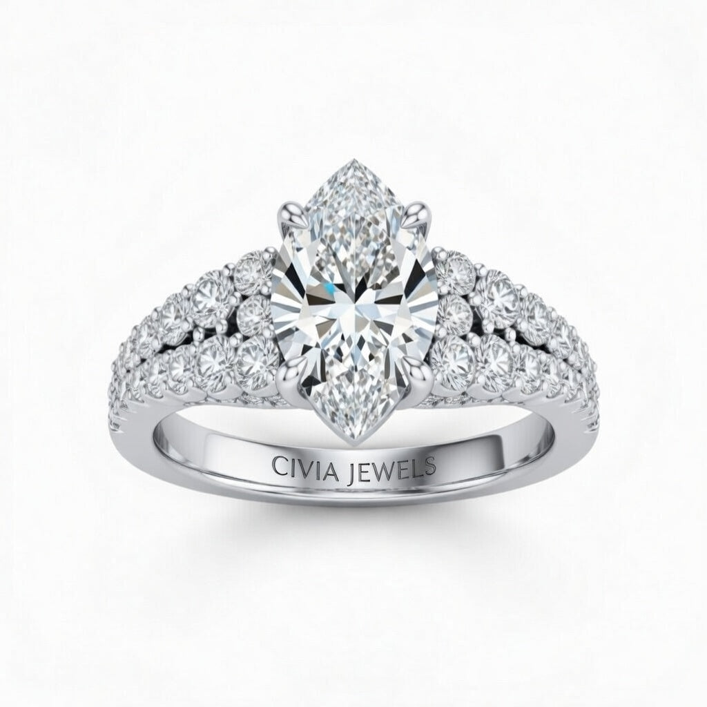 White Gold Marquise Cut Solitaire Engagement Ring With Pavé Diamond Band And Classic Four-Prong Setting