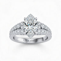 White Gold Marquise Cut Solitaire Engagement Ring With Pavé Diamond Band And Classic Four-Prong Setting