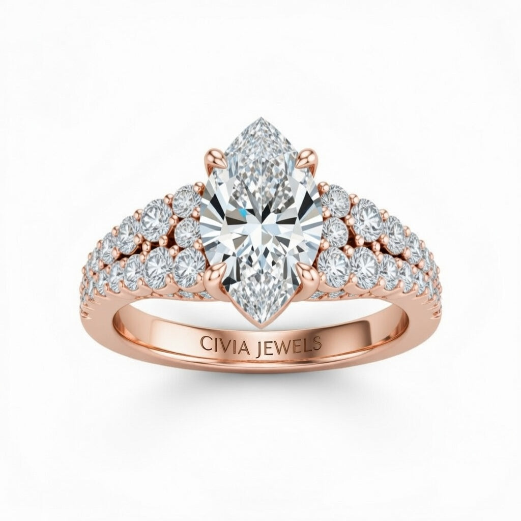 Rose Gold Marquise Cut Solitaire Engagement Ring With Pavé Diamond Band And Classic Four-Prong Setting