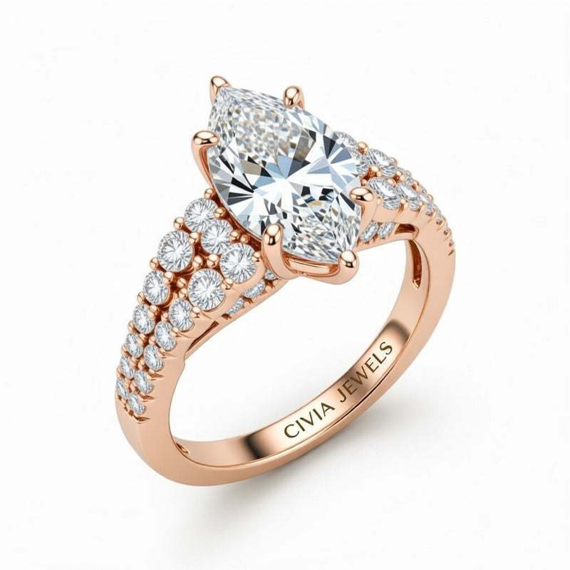Rose Gold Marquise Cut Solitaire Engagement Ring With Pavé Diamond Band And Classic Four-Prong Setting