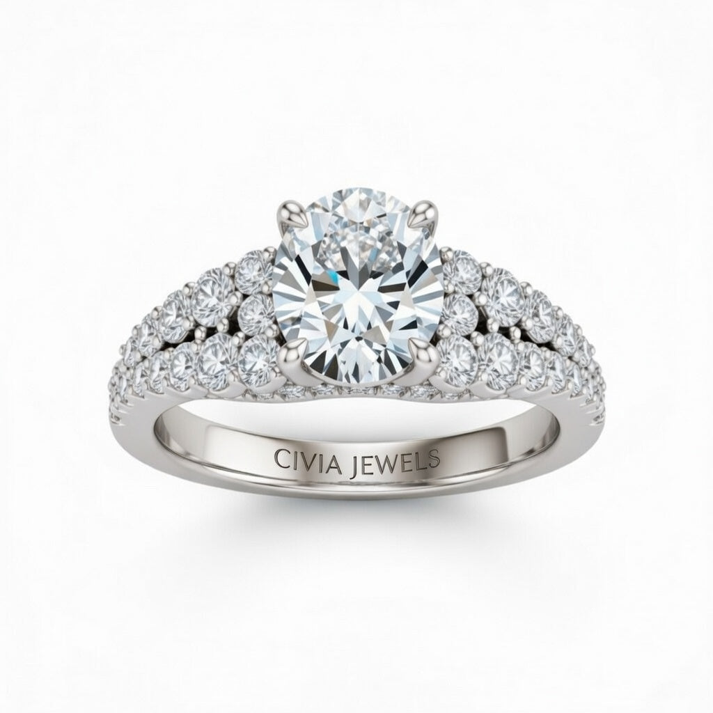 Silver Oval Cut Solitaire Engagement Ring With Pavé Diamond Band And Classic Four-Prong Setting