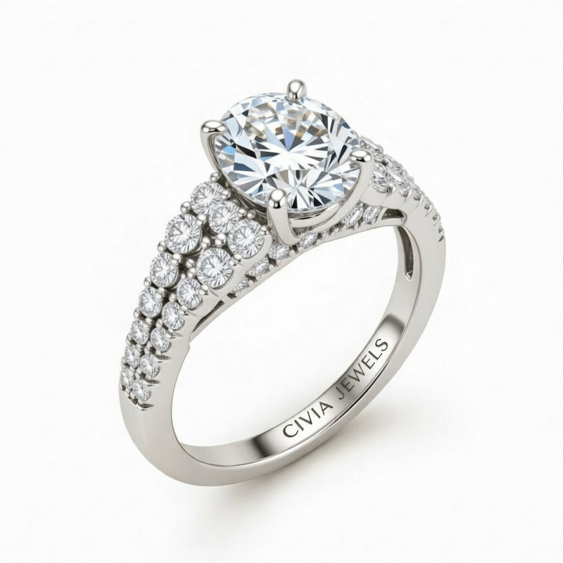 Silver Oval Cut Solitaire Engagement Ring With Pavé Diamond Band And Classic Four-Prong Setting