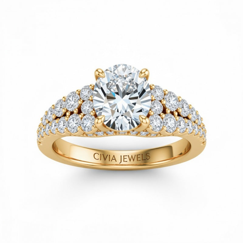 Yellow Gold Oval Cut Solitaire Engagement Ring With Pavé Diamond Band And Classic Four-Prong Setting