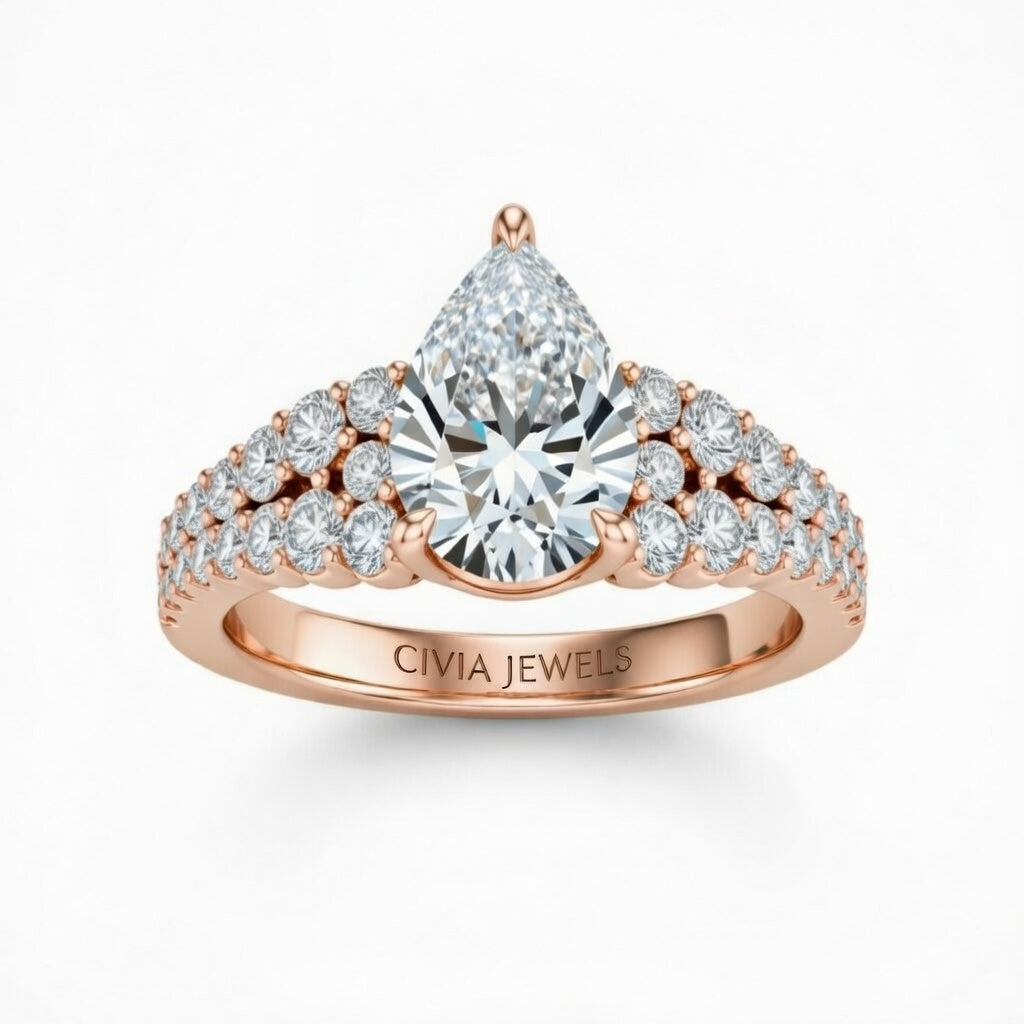 Rose Gold Pear Cut Solitaire Engagement Ring With Pavé Diamond Band And Classic Four-Prong Setting