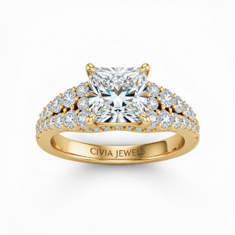 Yellow Gold Princess Cut Solitaire Engagement Ring With Pavé Diamond Band And Classic Four-Prong Setting