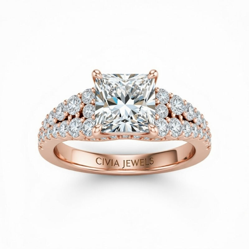 Rose Gold Princess Cut Solitaire Engagement Ring With Pavé Diamond Band And Classic Four-Prong Setting