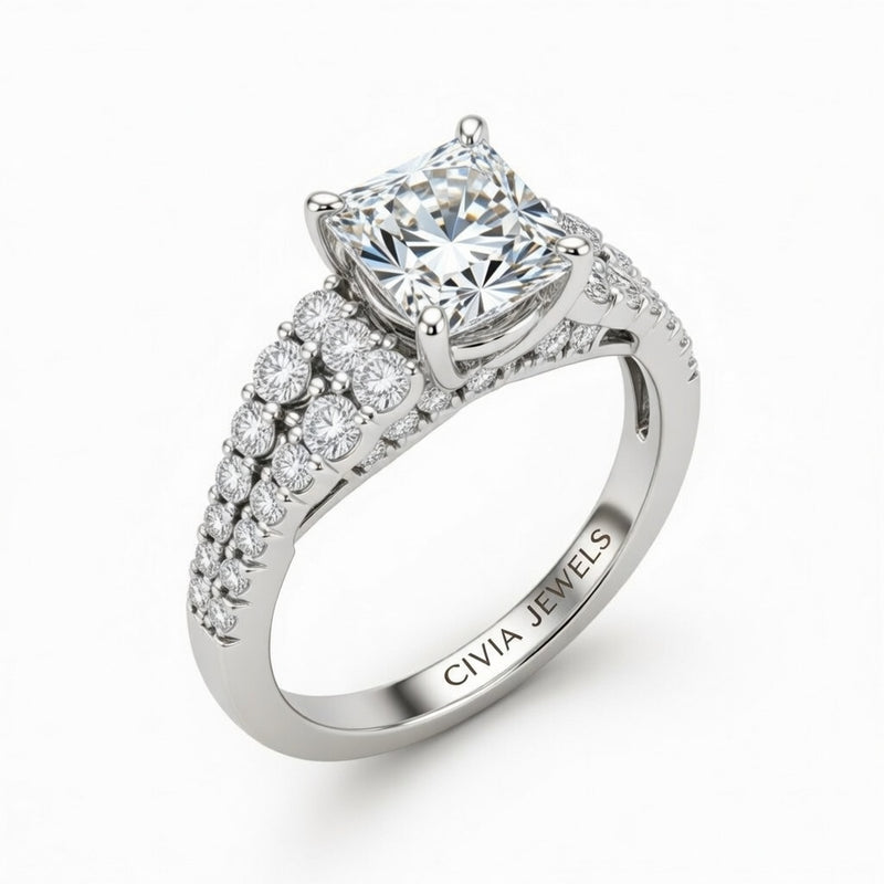 Silver Princess Cut Solitaire Engagement Ring With Pavé Diamond Band And Classic Four-Prong Setting