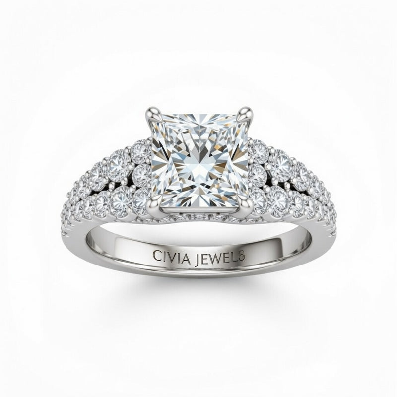 Silver Princess Cut Solitaire Engagement Ring With Pavé Diamond Band And Classic Four-Prong Setting