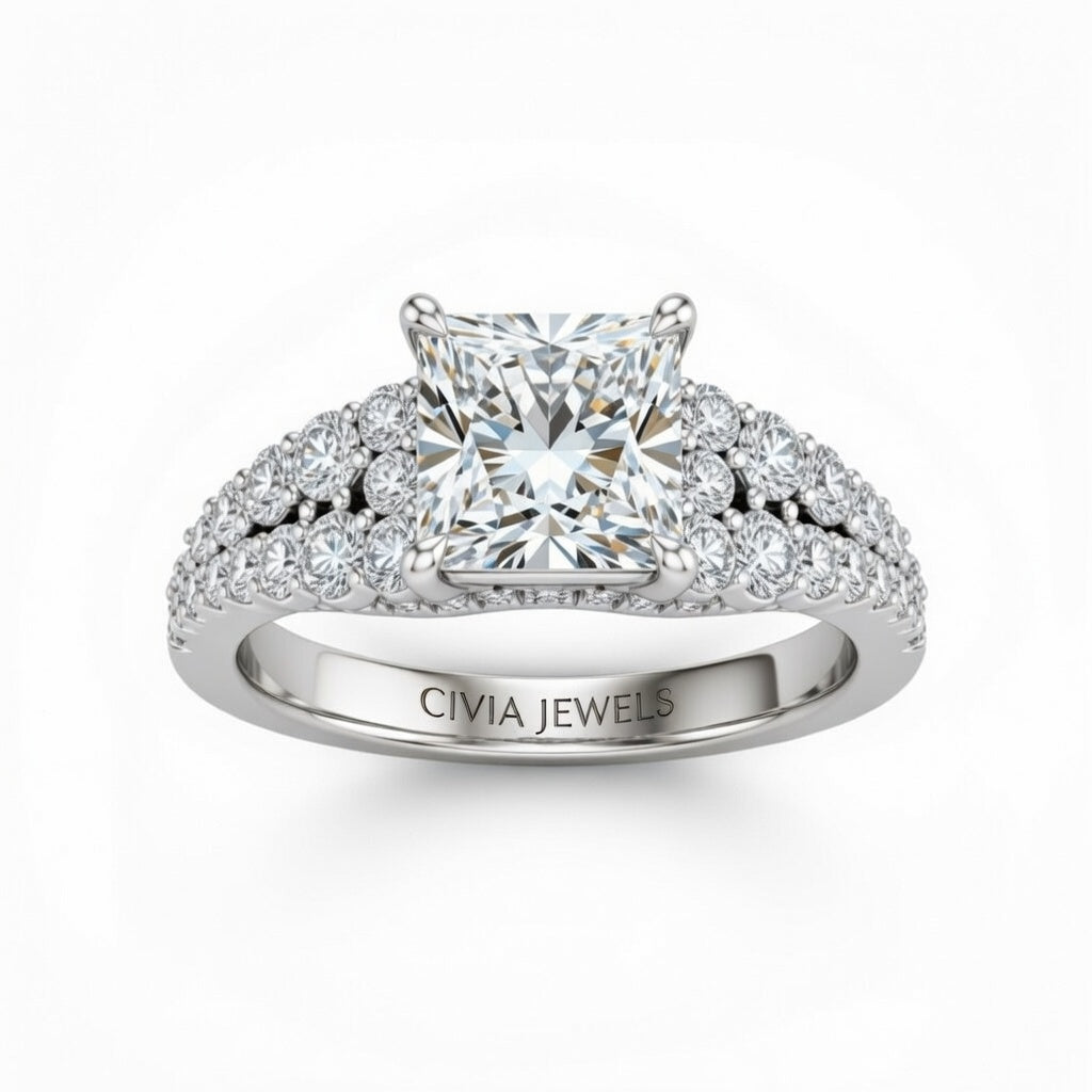 Silver Princess Cut Solitaire Engagement Ring With Pavé Diamond Band And Classic Four-Prong Setting