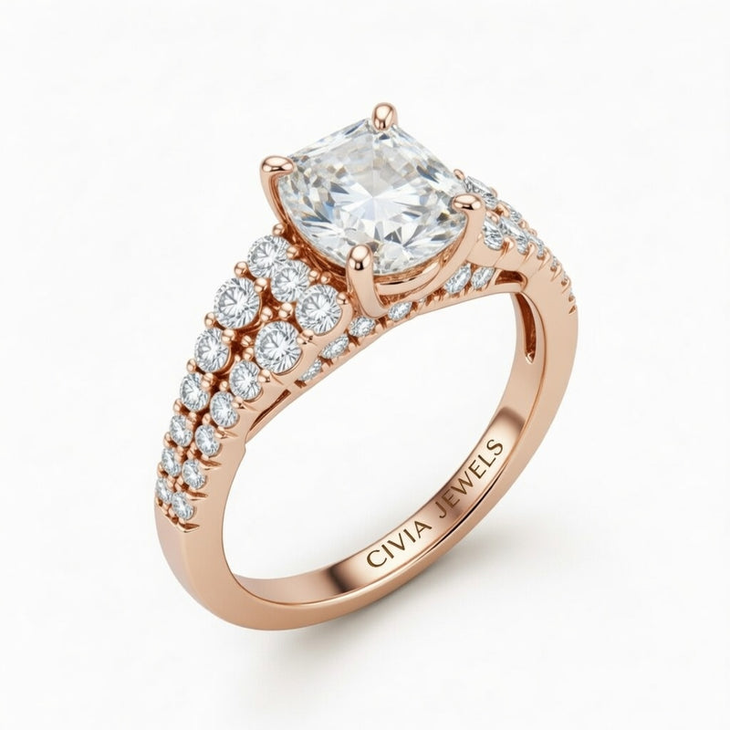 Rose Gold Radiant Cut Solitaire Engagement Ring With Pavé Diamond Band And Classic Four-Prong Setting