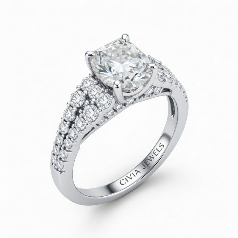 Silver Radiant Cut Solitaire Engagement Ring With Pavé Diamond Band And Classic Four-Prong Setting
