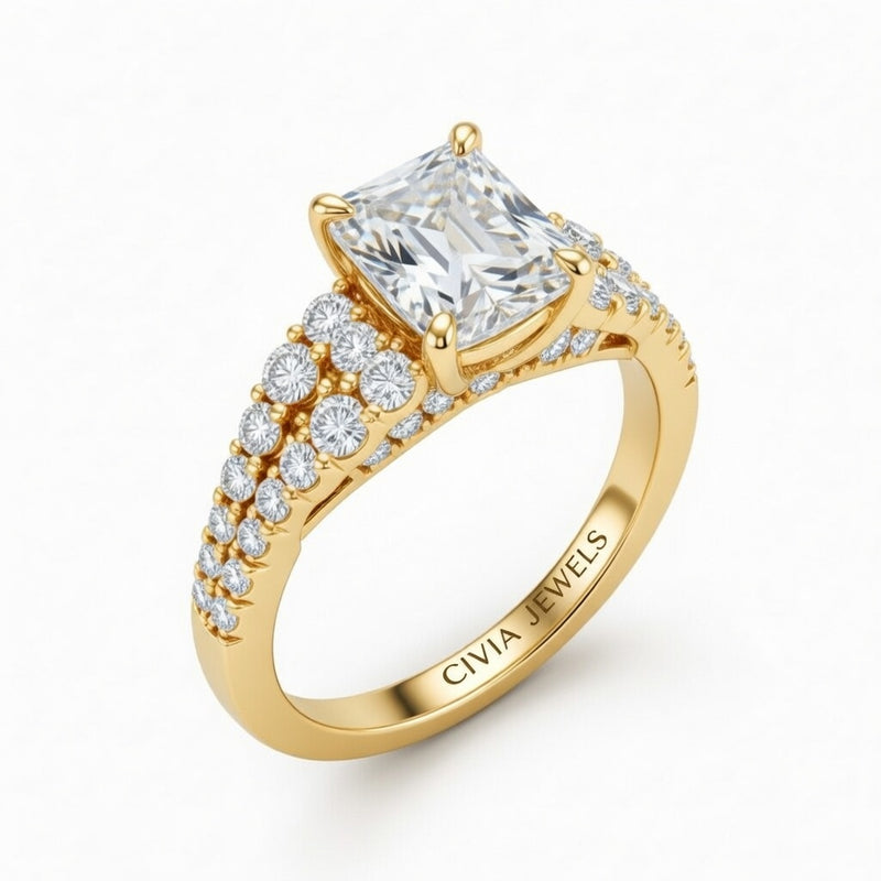 Yellow Gold Radiant Cut Solitaire Engagement Ring With Pavé Diamond Band And Classic Four-Prong Setting