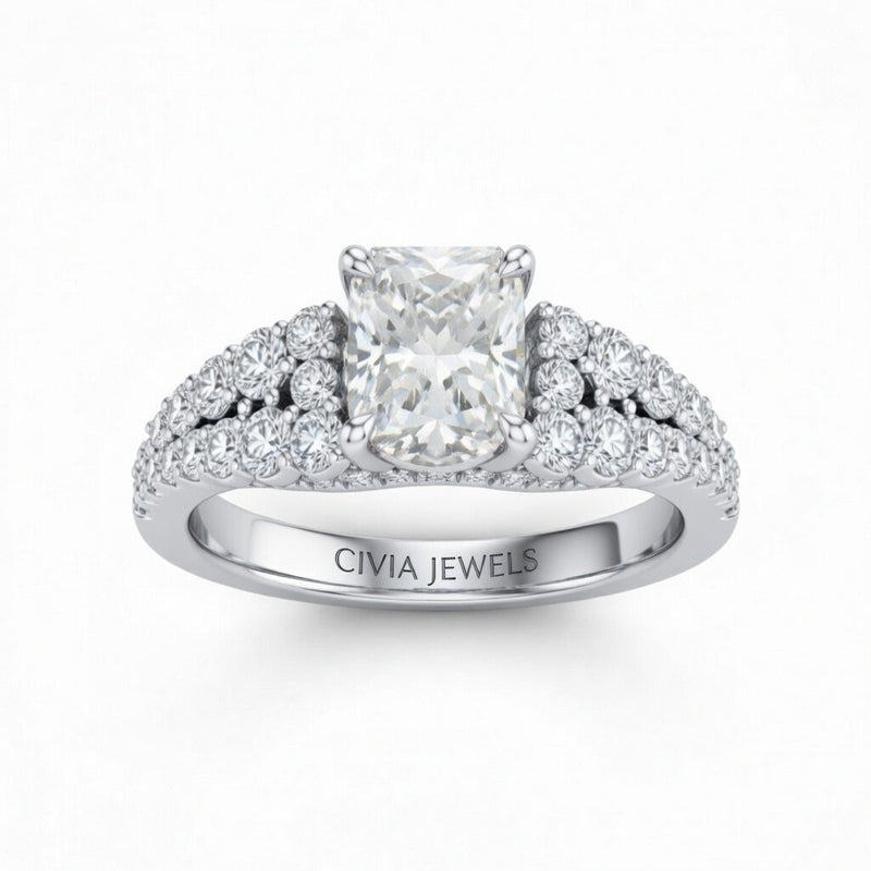 Silver Radiant Cut Solitaire Engagement Ring With Pavé Diamond Band And Classic Four-Prong Setting