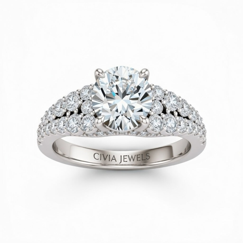 White Gold Round Cut Solitaire Engagement Ring With Pavé Diamond Band And Classic Four-Prong Setting