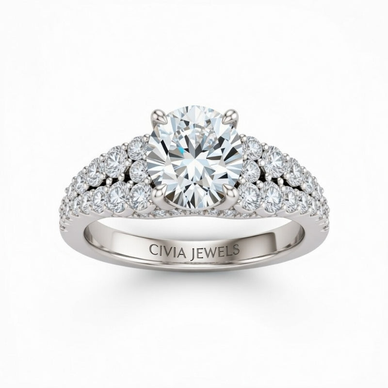Silver Round Cut Solitaire Engagement Ring With Pavé Diamond Band And Classic Four-Prong Setting
