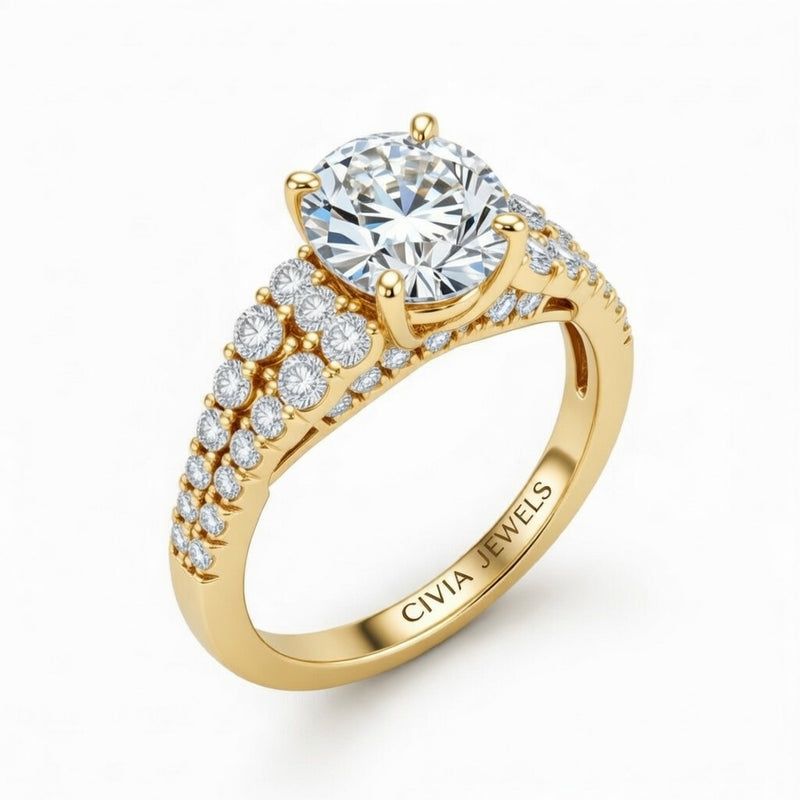 Yellow Gold Round Cut Solitaire Engagement Ring With Pavé Diamond Band And Classic Four-Prong Setting