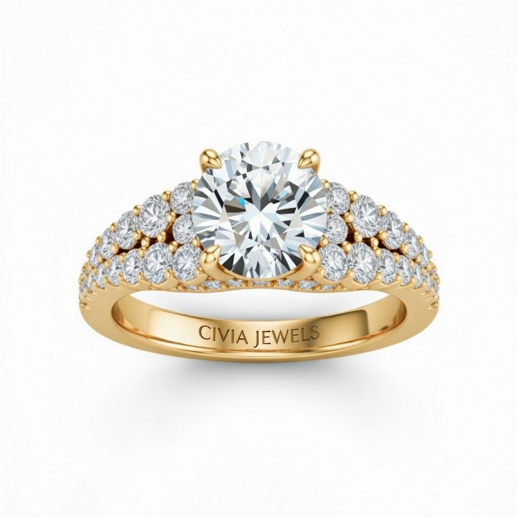 Yellow Gold Round Cut Solitaire Engagement Ring With Pavé Diamond Band And Classic Four-Prong Setting