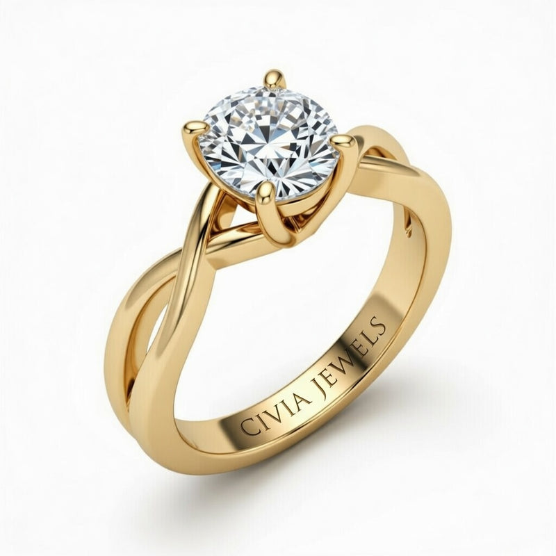 Yellow Gold Cushion Diamond Solitaire Engagement Ring With Interwoven Twist Shank
