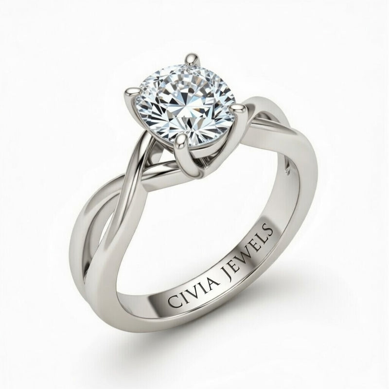 White Gold Cushion Diamond Solitaire Engagement Ring With Interwoven Twist Shank