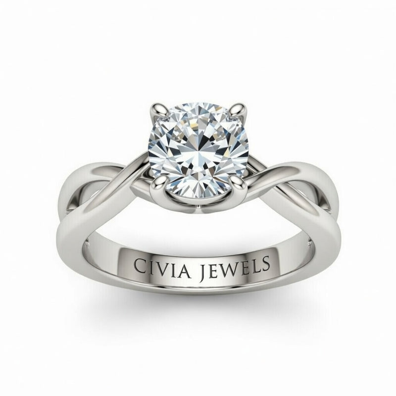 White Gold Cushion Diamond Solitaire Engagement Ring With Interwoven Twist Shank