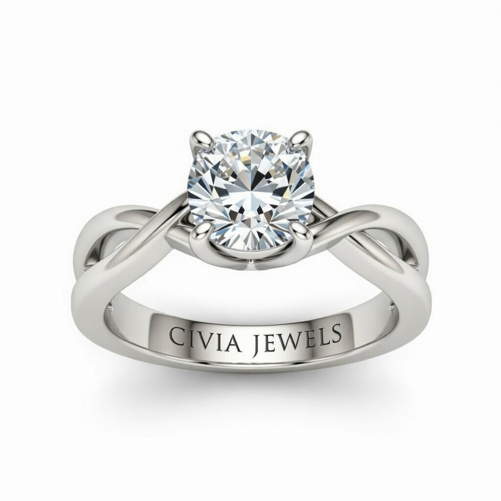 White Gold Cushion Diamond Solitaire Engagement Ring With Interwoven Twist Shank