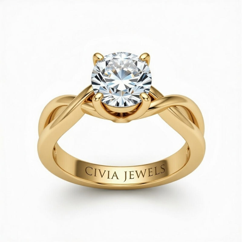 Yellow Gold Cushion Diamond Solitaire Engagement Ring With Interwoven Twist Shank
