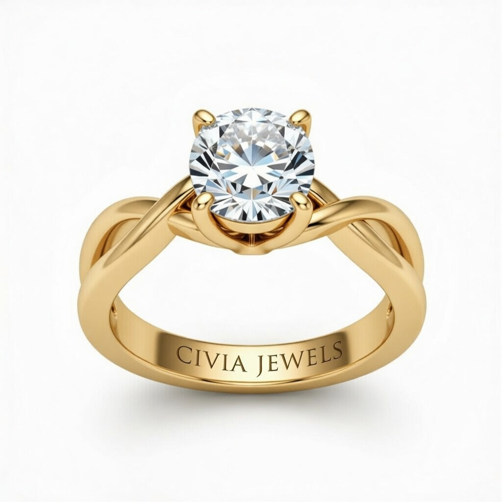 Yellow Gold Cushion Diamond Solitaire Engagement Ring With Interwoven Twist Shank