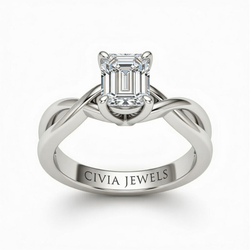 Silver Emerald Diamond Solitaire Engagement Ring With Interwoven Twist Shank