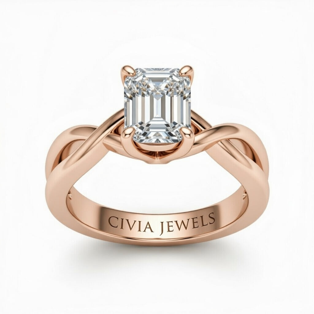 Rose Gold Emerald Diamond Solitaire Engagement Ring With Interwoven Twist Shank
