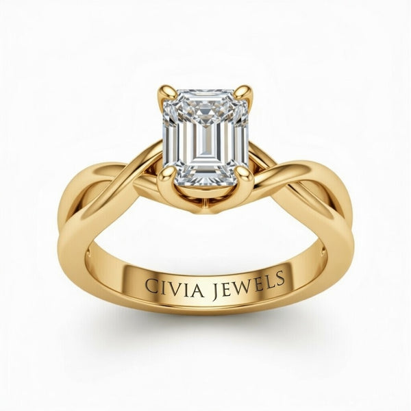 Yellow Gold Emerald Diamond Solitaire Engagement Ring With Interwoven Twist Shank
