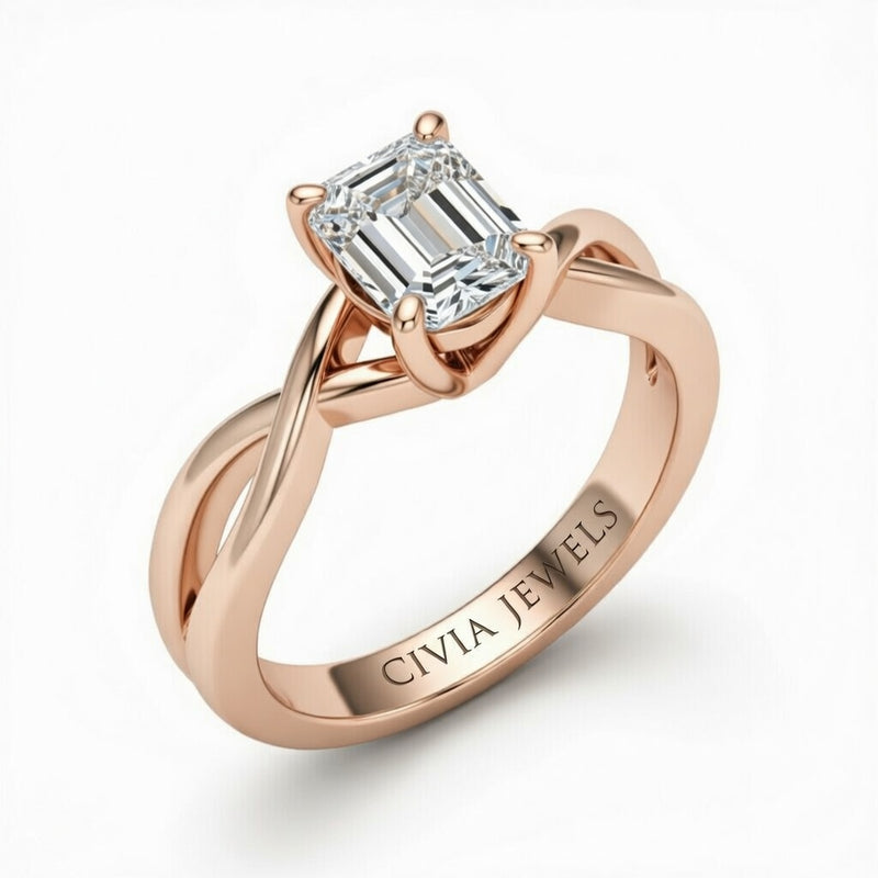 Rose Gold Emerald Diamond Solitaire Engagement Ring With Interwoven Twist Shank