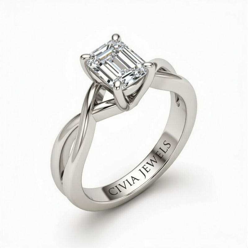 Silver Emerald Diamond Solitaire Engagement Ring With Interwoven Twist Shank