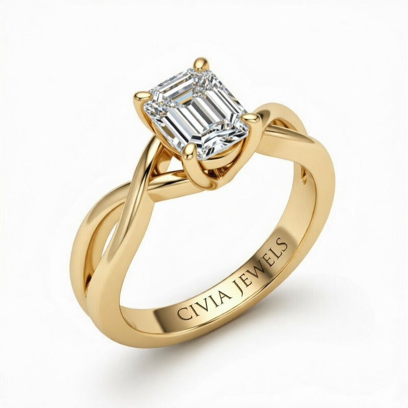 Yellow Gold Emerald Diamond Solitaire Engagement Ring With Interwoven Twist Shank