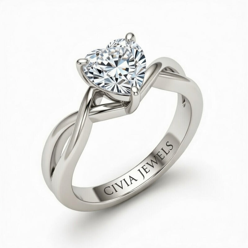 White Gold Heart Diamond Solitaire Engagement Ring With Interwoven Twist Shank