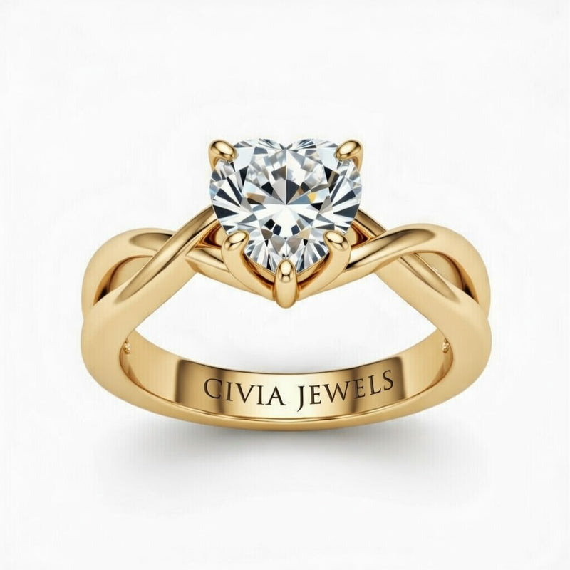 Yellow Gold Heart Diamond Solitaire Engagement Ring With Interwoven Twist Shank