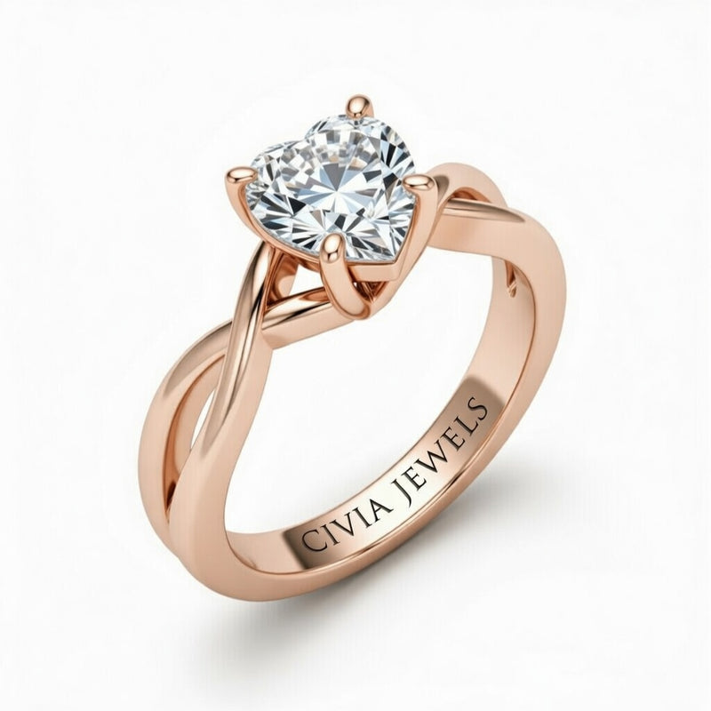 Rose Gold Heart Diamond Solitaire Engagement Ring With Interwoven Twist Shank
