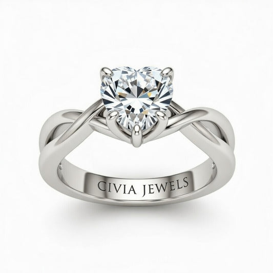 White Gold Heart Diamond Solitaire Engagement Ring With Interwoven Twist Shank