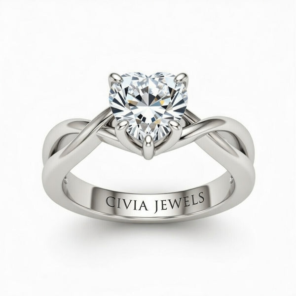 Silver Heart Diamond Solitaire Engagement Ring With Interwoven Twist Shank