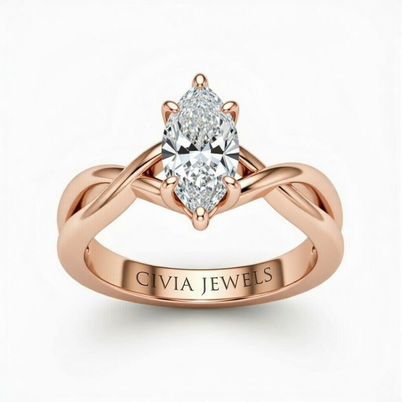 Rose Gold Marquise Diamond Solitaire Engagement Ring With Interwoven Twist Shank