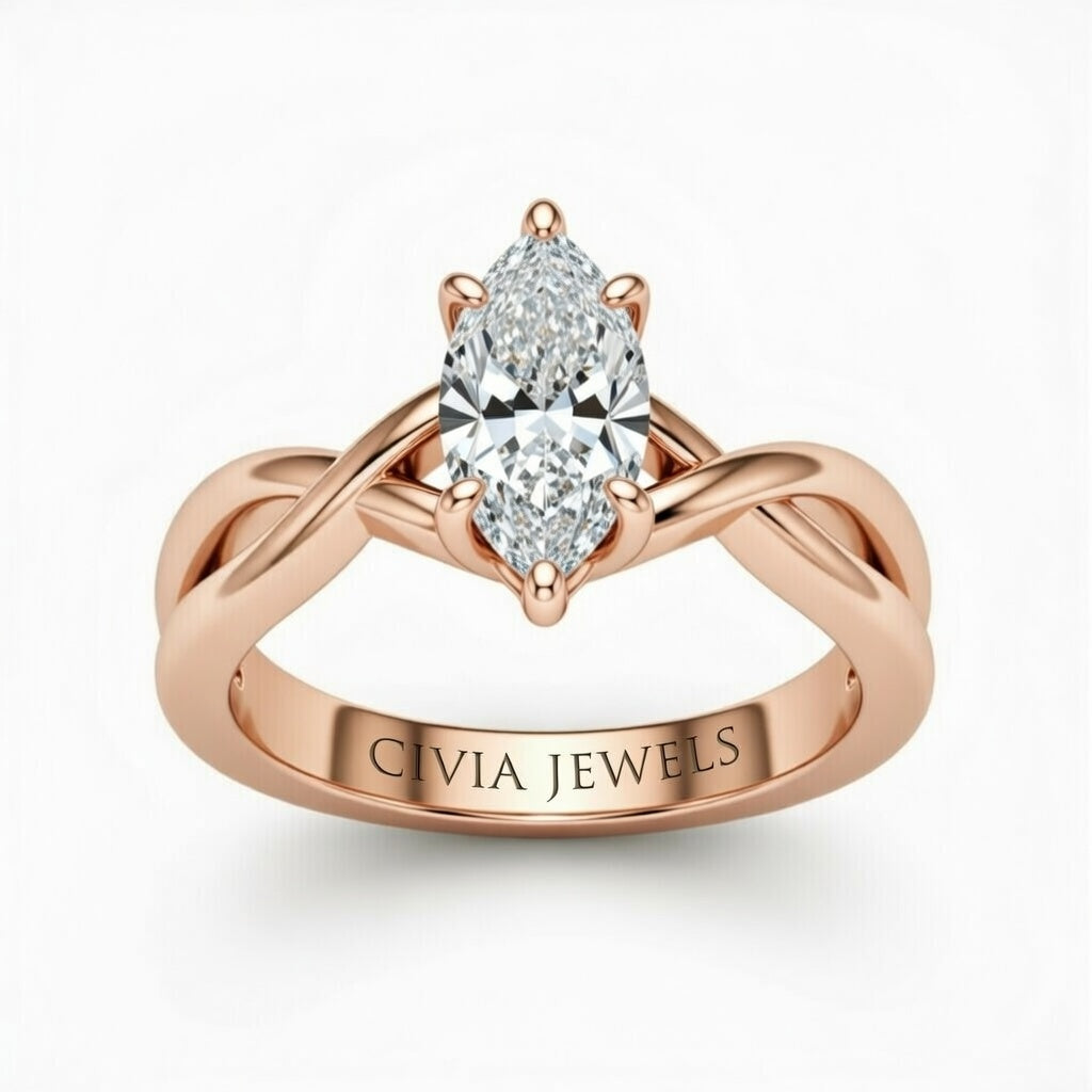 Rose Gold Marquise Diamond Solitaire Engagement Ring With Interwoven Twist Shank