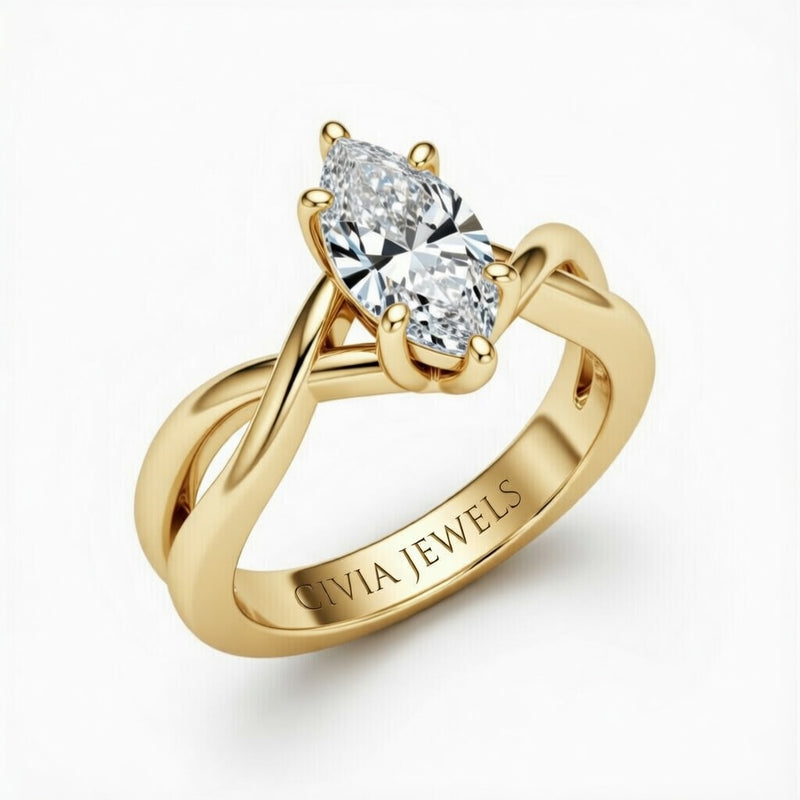 Yellow Gold Marquise Diamond Solitaire Engagement Ring With Interwoven Twist Shank