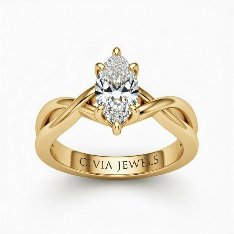 Yellow Gold Marquise Diamond Solitaire Engagement Ring With Interwoven Twist Shank