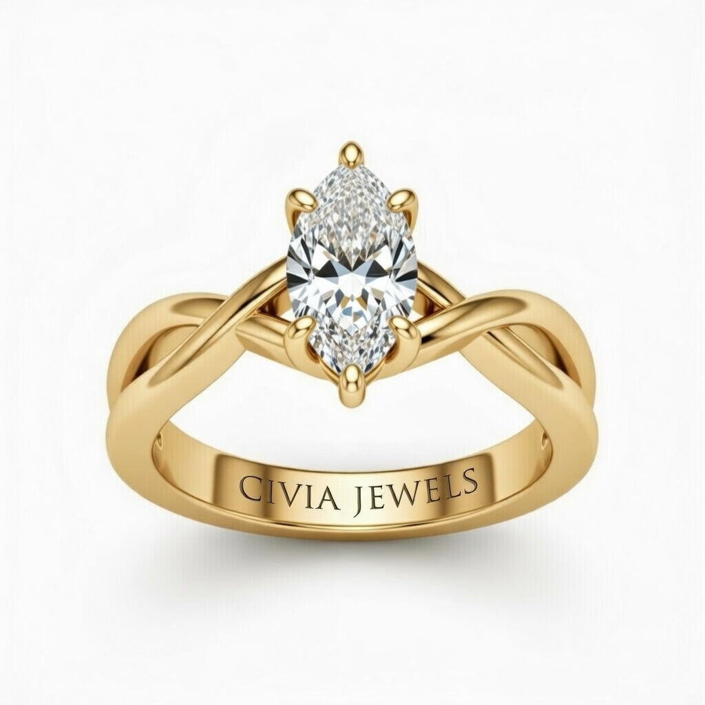 Yellow Gold Marquise Diamond Solitaire Engagement Ring With Interwoven Twist Shank